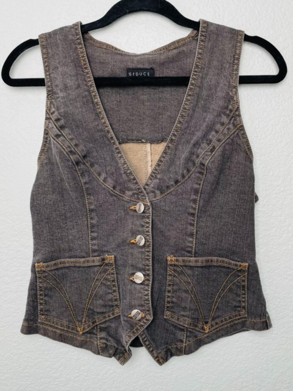 Seduce Gray Blue Denim Stretchy Button Down Casual Vest | Size 12 | Medium